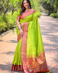 Parrot Green Contrast Zari Woven Chandrakor Yeola Paithani Silk Saree