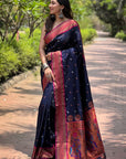 Navy Blue Contrast Zari Woven Chandrakor Yeola Paithani Silk Saree