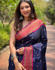 Navy Blue Contrast Zari Woven Chandrakor Yeola Paithani Silk Saree