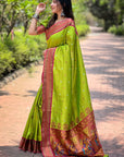 Parrot Green Contrast Zari Woven Chandrakor Yeola Paithani Silk Saree