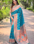 Cyan Blue Original Maharashtrian Meenakari Yeola Paithani Silk Zari Woven Saree