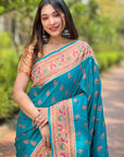 Cyan Blue Original Maharashtrian Meenakari Yeola Paithani Silk Zari Woven Saree