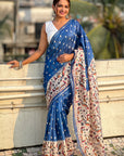 Dark Blue Katki Silk Printed Kalamkari Saree with Zari Border