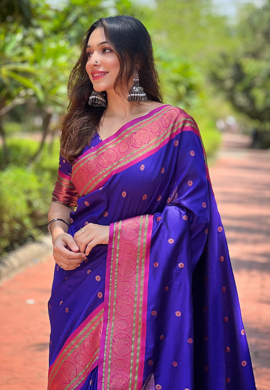 Violet Contrast Zari Woven Yeola Paithani Silk Saree