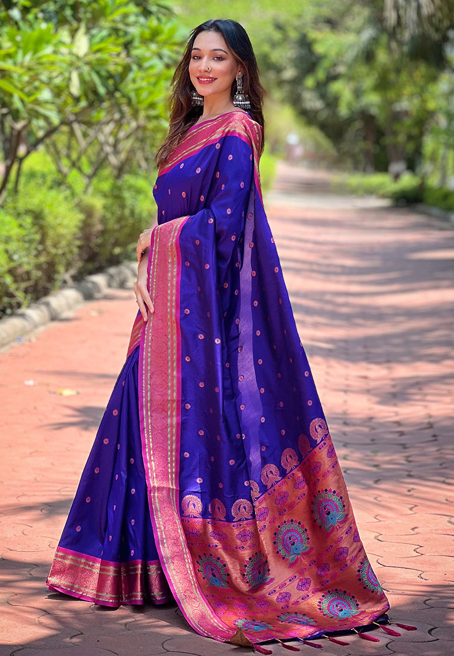 Violet Contrast Zari Woven Yeola Paithani Silk Saree