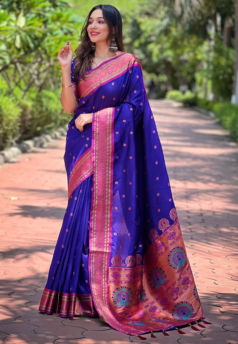 Violet Contrast Zari Woven Yeola Paithani Silk Saree