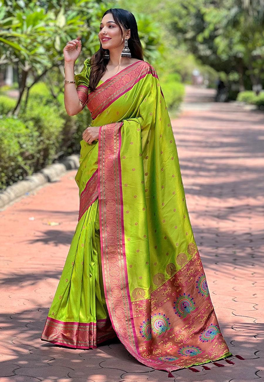 Pista Green Contrast Zari Woven Yeola Paithani Silk Saree