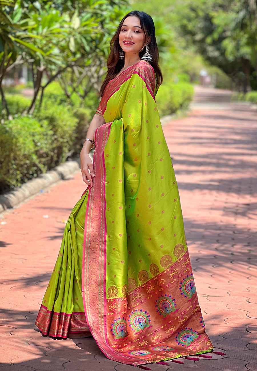 Pista Green Contrast Zari Woven Yeola Paithani Silk Saree