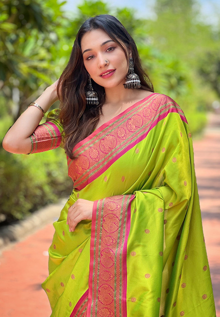 Pista Green Contrast Zari Woven Yeola Paithani Silk Saree