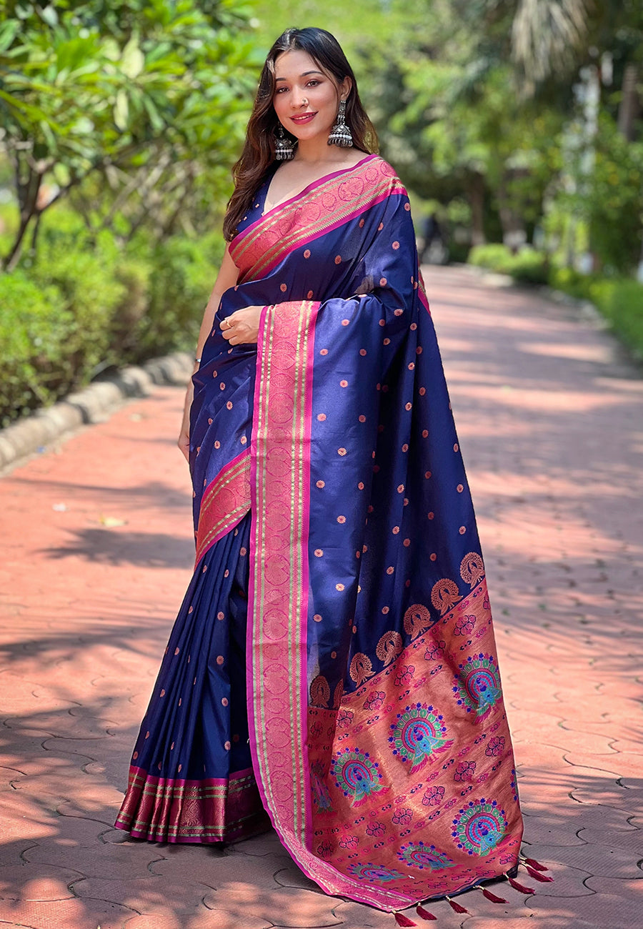 Navy Blue Contrast Zari Woven Yeola Paithani Silk Saree