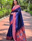 Navy Blue Contrast Zari Woven Yeola Paithani Silk Saree