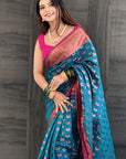 Denim Blue Soft Silk Peacock Weaves Zari Woven Saree