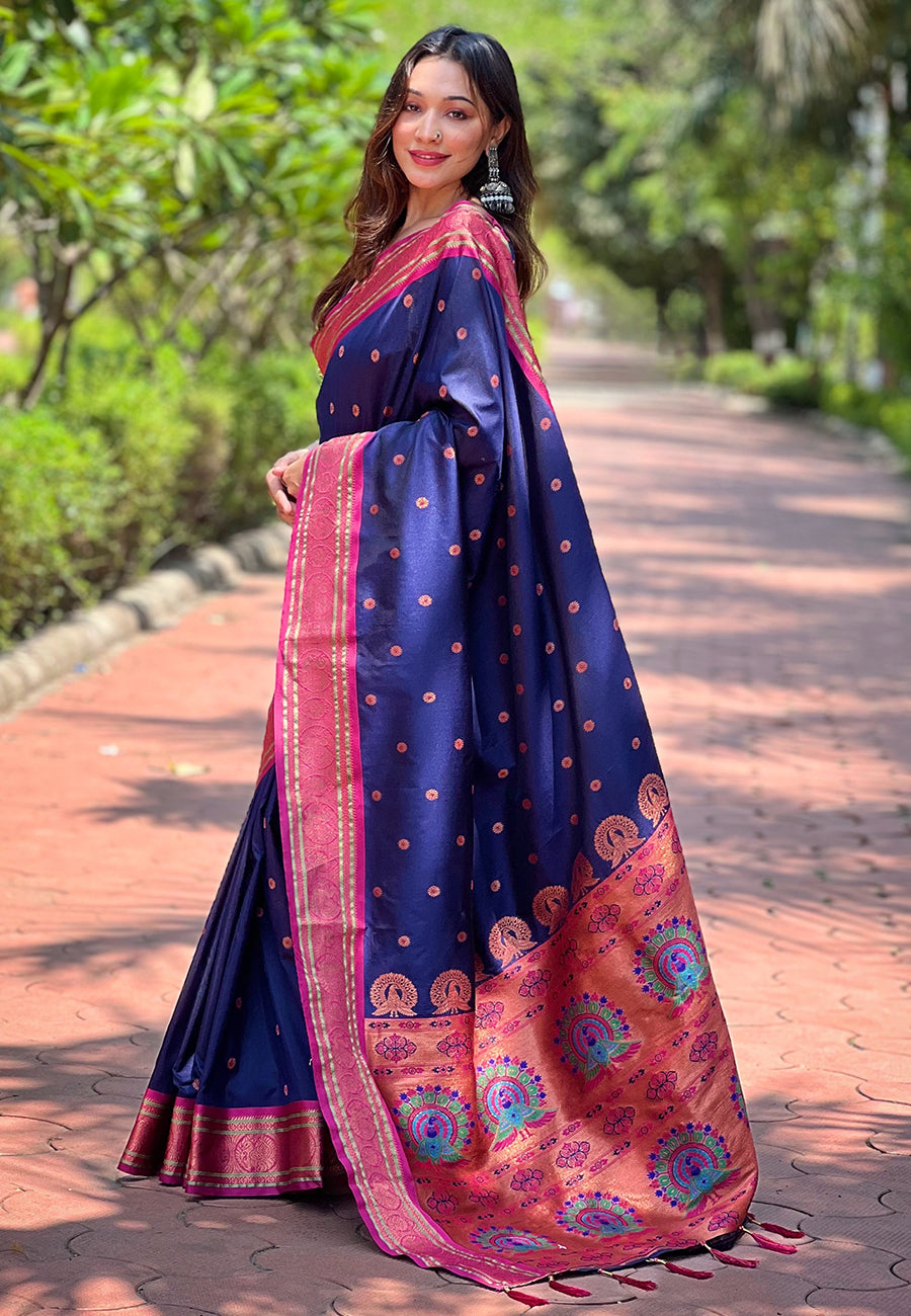 Navy Blue Contrast Zari Woven Yeola Paithani Silk Saree