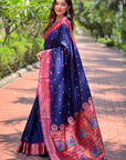 Navy Blue Contrast Zari Woven Yeola Paithani Silk Saree