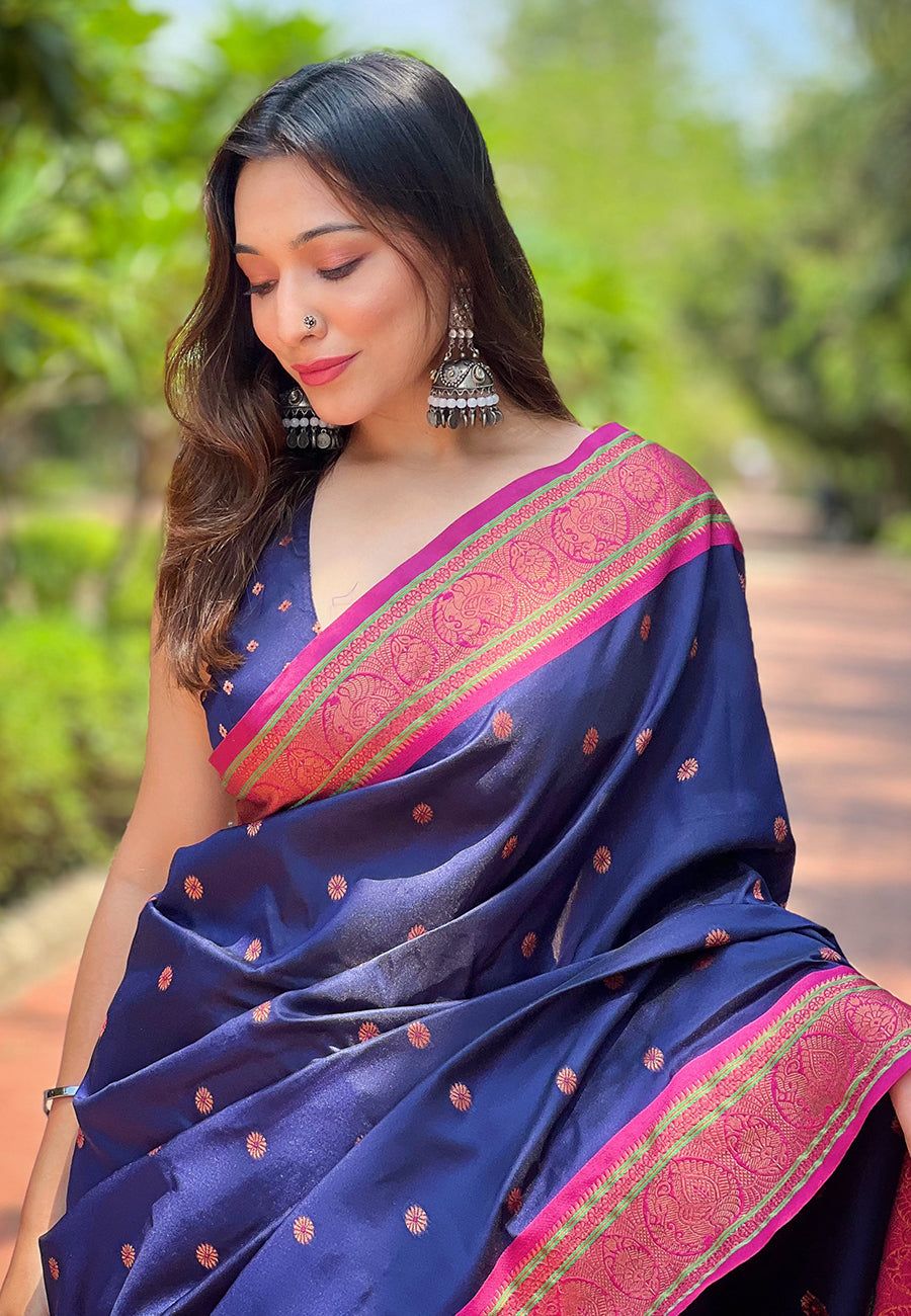 Navy Blue Contrast Zari Woven Yeola Paithani Silk Saree