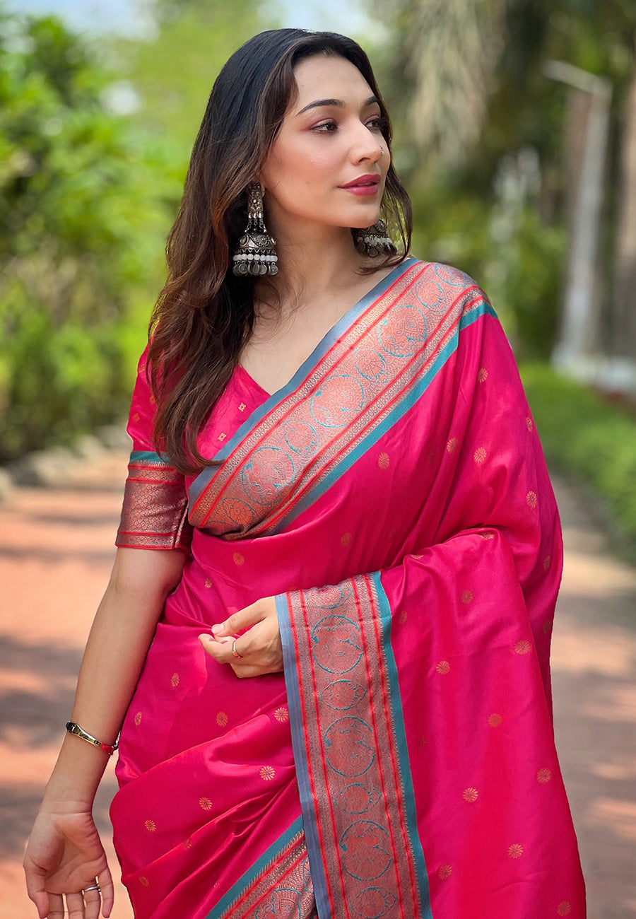 Pink Contrast Zari Woven Yeola Paithani Silk Saree