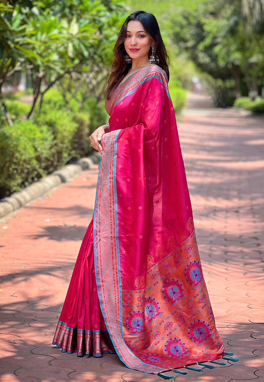 Pink Contrast Zari Woven Yeola Paithani Silk Saree