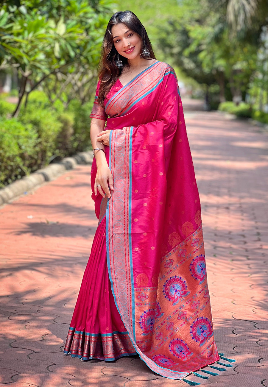 Pink Contrast Zari Woven Yeola Paithani Silk Saree