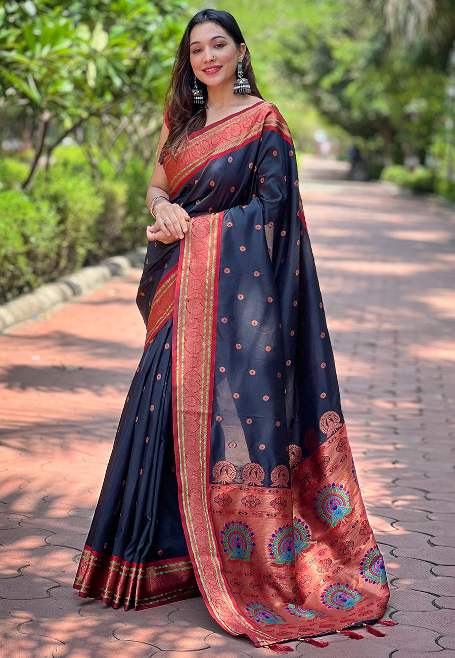 Black Contrast Zari Woven Yeola Paithani Silk Saree