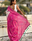 Pink Tussar Silk Kalamkari Printed Saree with Zari Woven Border