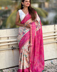 Pink Tussar Silk Kalamkari Printed Saree with Zari Woven Border