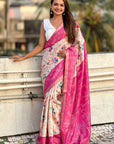 Pink Tussar Silk Kalamkari Printed Saree with Zari Woven Border