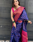 Navy Blue Soft Silk Peacock Weaves Zari Woven Saree