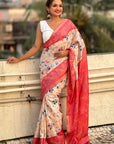 Coral Red Tussar Silk Kalamkari Printed Saree with Zari Woven Border