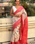 Coral Red Tussar Silk Kalamkari Printed Saree with Zari Woven Border