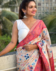 Coral Red Tussar Silk Kalamkari Printed Saree with Zari Woven Border