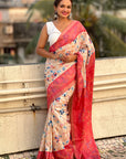 Coral Red Tussar Silk Kalamkari Printed Saree with Zari Woven Border