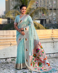 Sky Blue Organza Swan Paithani Silk Zari Woven Saree