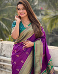 Wine Zari Woven Nath Contrast Yeola Paithani Silk Saree