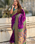 Wine Zari Woven Nath Contrast Yeola Paithani Silk Saree