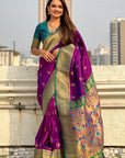 Wine Zari Woven Nath Contrast Yeola Paithani Silk Saree