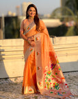 Peach Organza Swan Paithani Silk Zari Woven Saree