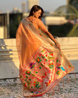 Peach Organza Swan Paithani Silk Zari Woven Saree
