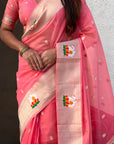 Dark Pink Organza Swan Paithani Silk Zari Woven Saree