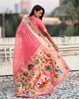 Dark Pink Organza Swan Paithani Silk Zari Woven Saree