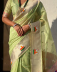 Pista Green Organza Swan Paithani Silk Zari Woven Saree