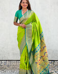 Pista Zari Woven Nath Contrast Yeola Paithani Silk Saree