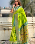 Pista Zari Woven Nath Contrast Yeola Paithani Silk Saree