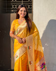 Yellow Organza Swan Paithani Silk Zari Woven Saree
