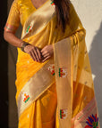 Yellow Organza Swan Paithani Silk Zari Woven Saree