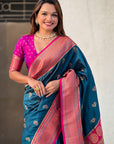 Denim Zari Woven Nath Contrast Yeola Paithani Silk Saree