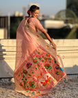 Baby Pink Organza Swan Paithani Silk Zari Woven Saree