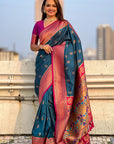 Denim Zari Woven Nath Contrast Yeola Paithani Silk Saree