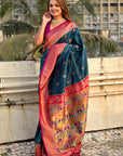 Denim Zari Woven Nath Contrast Yeola Paithani Silk Saree