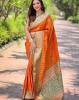 Orange Soft Silk Contrast Zari Woven Saree