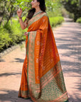 Orange Soft Silk Contrast Zari Woven Saree